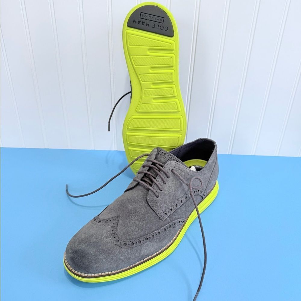 Cole Haan Grand.OS gray Suede Wingtips Yellow Sole Shoes Men's 9 1/2 M